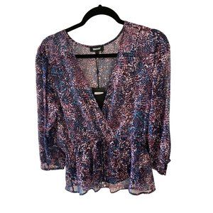 NWT  DNKY Women's Tie Waist Blouse Shirt Purple Multi Small